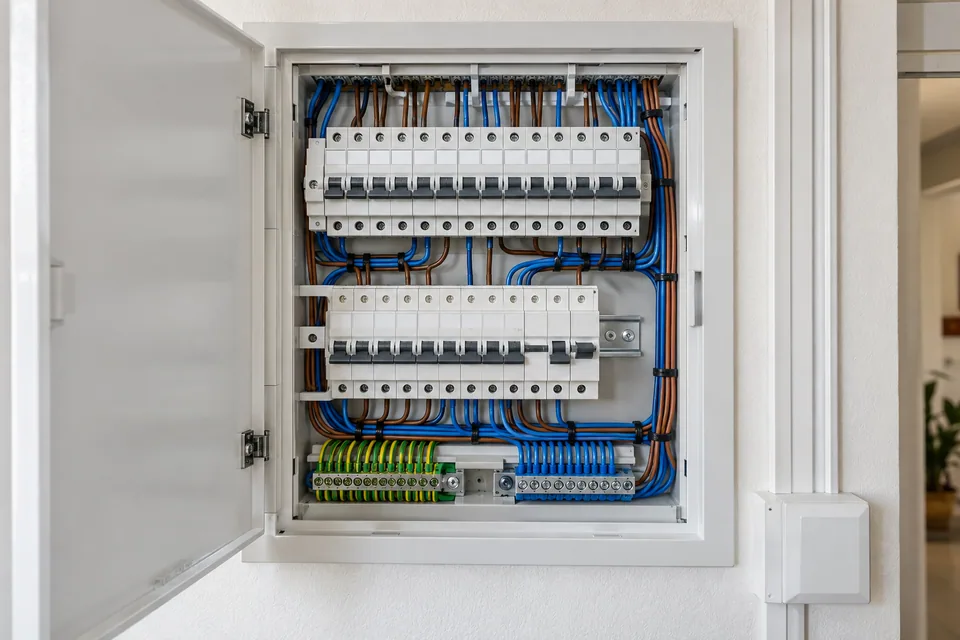 Cuadro eléctrico doméstico con protecciones y cableado organizado